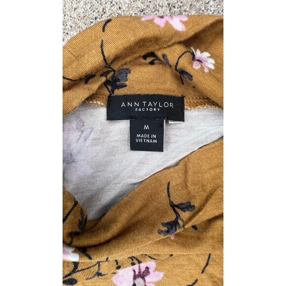Ann Taylor Shirt Women Size Medium Mustard Floral Tie Neck Long Sleeve Blouse - Picture 4 of 5